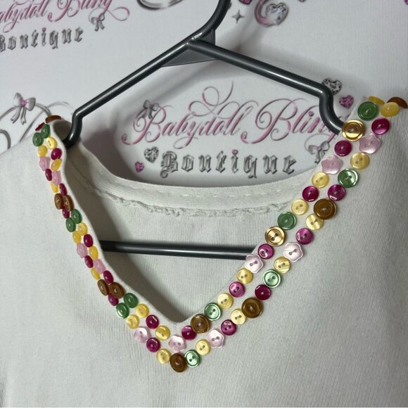 Tank top button multicolor Embellished White Sleeveless Top stretchy ribbed - Picture 2 of 5